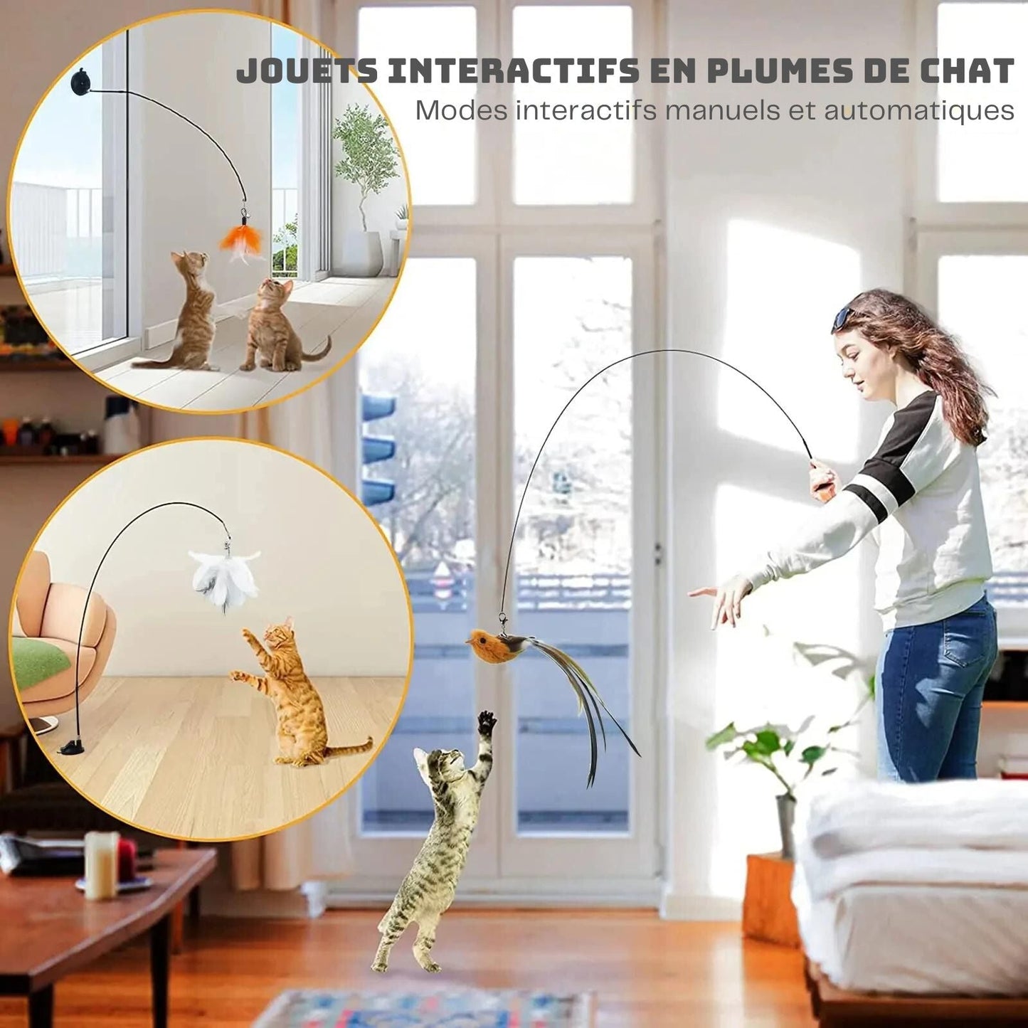 Baguette à plumes interactive pour chats - Boutique Minou